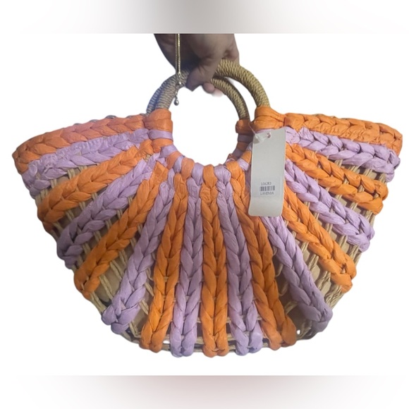 Love of Fashion South Beach Drawstring Straw Handbag NWT Orange Lavender - Picture 4 of 5